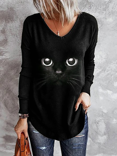 

Plus size Cat V Neck Long Sleeve T-shirt, Black, T-Shirts