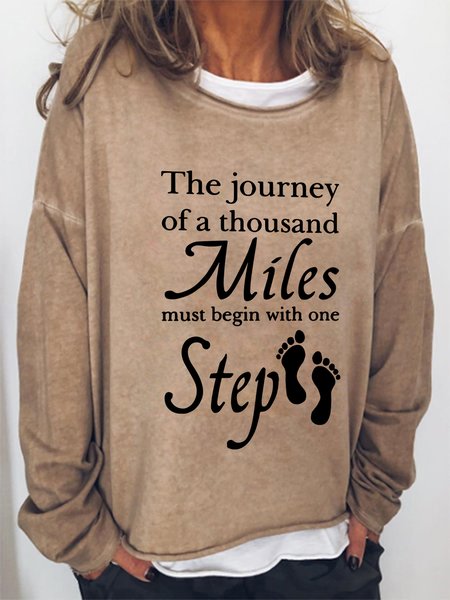 

The Journey Of A Thousand Miles Must Begin With One Step Crew Neck Cotton-Blend Casual Sweatshirt, Light brown, Hoodies&Sweatshirts