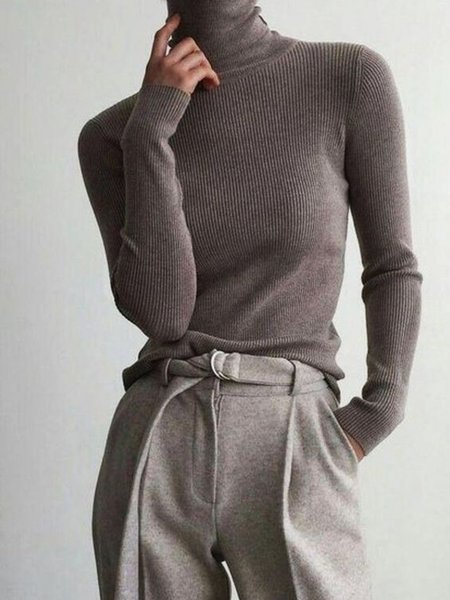 

Khaki Basic Casual Turtleneck Knitted Long Sleeve Sweater, Knitwear & Sweaters