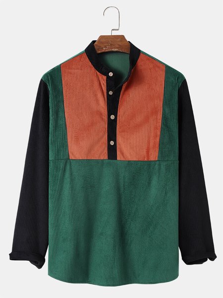 

Mens Panel Stitching Half Button Corduroy Casual Long Sleeve Henley Shirts, Color2, Men's shirts