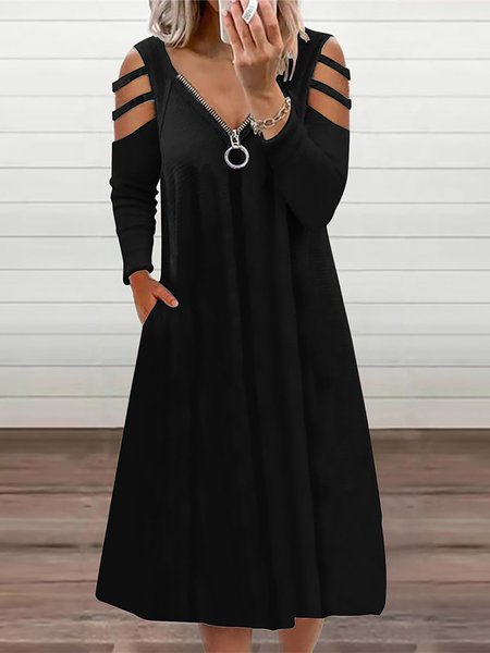 

V Neck Zipper Casual Long Sleeve Dresses, Black, Midi Dresses