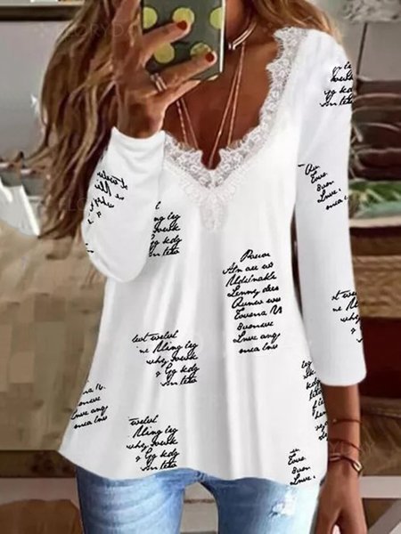 

Bianco Lettera Stampato Scollo a V Maniche Lunghe Dritto Top, Tops