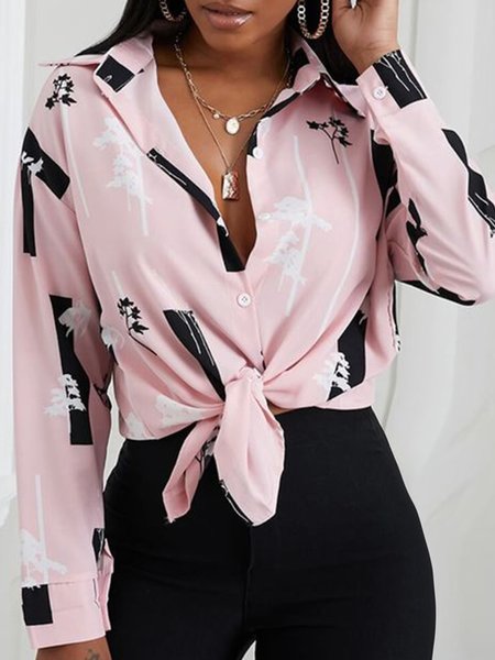 

Shirt Collar Casual Long Sleeve Shirt, Pink, Blouses and Shirts