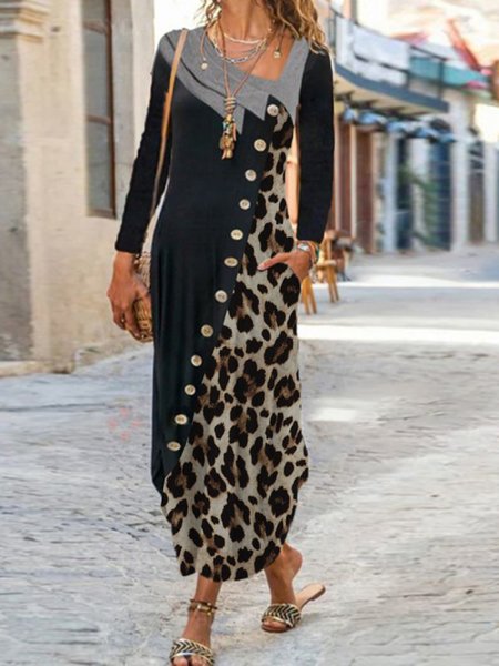 

Nero Casuale Leopardo Panelled Maniche Lunghe Abito, Maxi Dresses