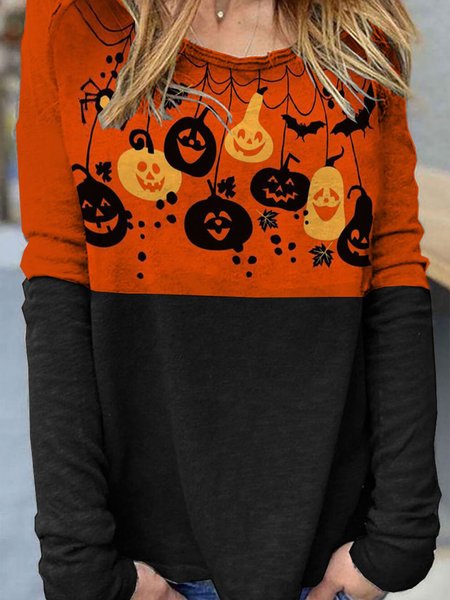 

Long Sleeve Halloween Cotton T-shirt, As picture, Tops
