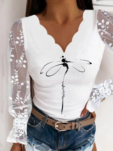 Cotone Scollo a V Aderente Di base Top, Bianco, Blouses & Shirts