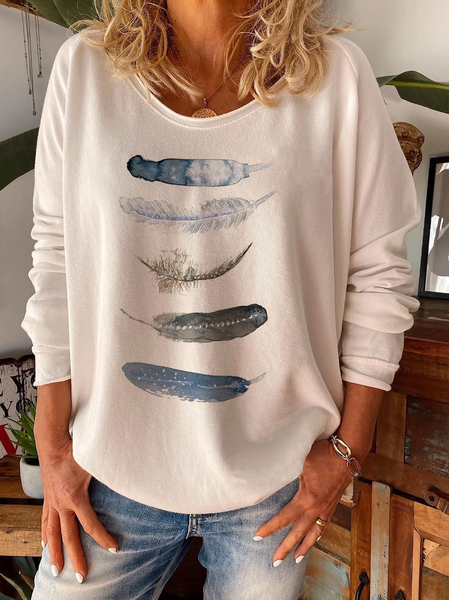 

taglia grande Maniche Lunghe Piuma Top, Bianco, T-Shirts