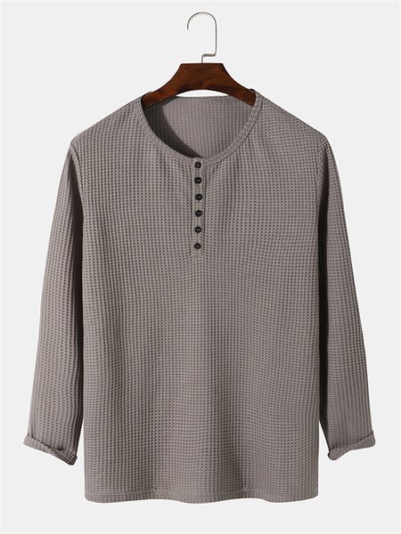 

Mens Solid Button Knitted Texture Plain Casual Long Sleeve T-Shirtskn, Deep khaki, Men's shirts