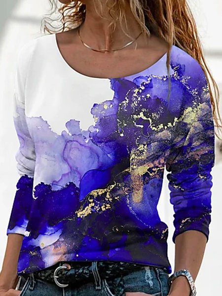 Stampato Floreale Girocollo Misto Cotone Maniche Lunghe Top, Viola, Blouses & Shirts