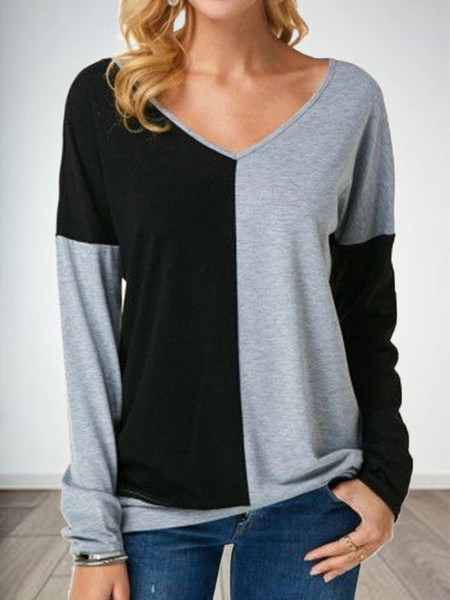

Shift V Neck Casual Long Sleeve T-shirt, Black, Long sleeve tops