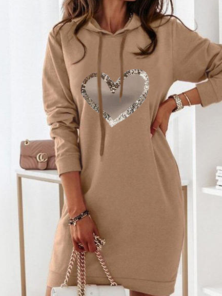

Cotton-Blend Geometric Casual Long Sleeve Dresses, Khaki, Mini Dresses