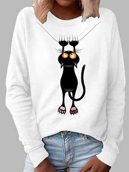 

Cute Cat Casual Shift Long Sleeve Animal Shirts & Tops, White, Long sleeve tops