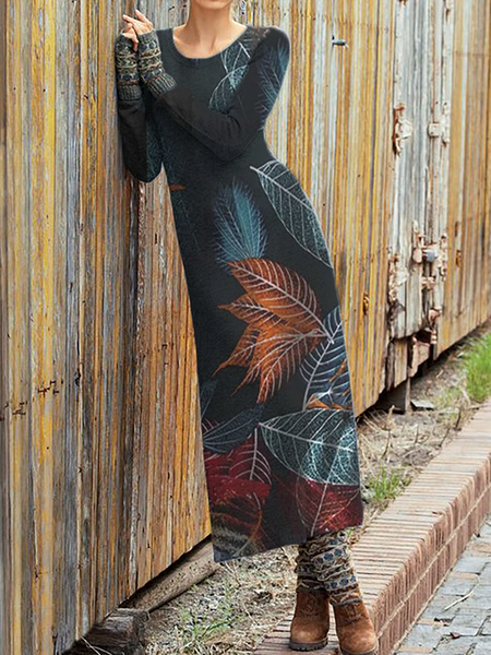 

taglia grande Le foglie Stampato Abito, Nero, Maxi Dresses