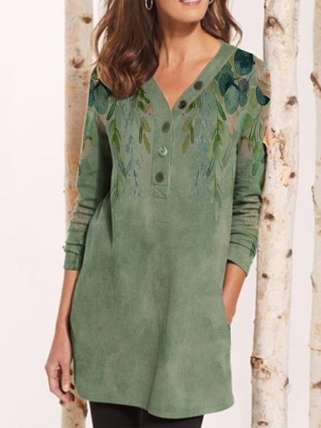 

Floral Casual Cotton-Blend Long Sleeve Dresses, Green, Tie dye dress