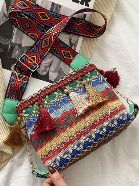 

Bohemian Ethnic Style Hit Color Tassel Pendant Woven Messenger Bag, Green, Bags