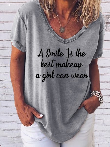 

A smile is the best make up a girl can wear.V-neck short-sleeved cotton-blend T-shirt, Gray, T-shirts