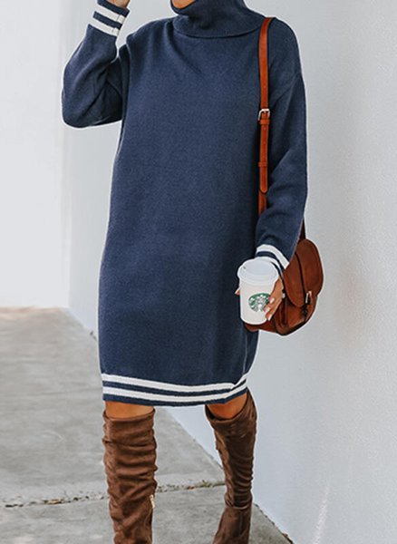 

Cotton-Blend Plain Long Sleeve Casual Dresses, Blue, Mini Dresses
