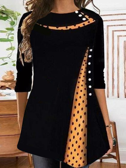 

Cotton Shawl Collar Long Sleeve A-Line Shirts & Tops, Black, T-Shirts