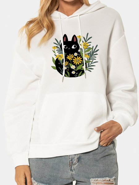 

Cat and Floral Print Hooded Ladies Sweatshirt, White, Hoodies