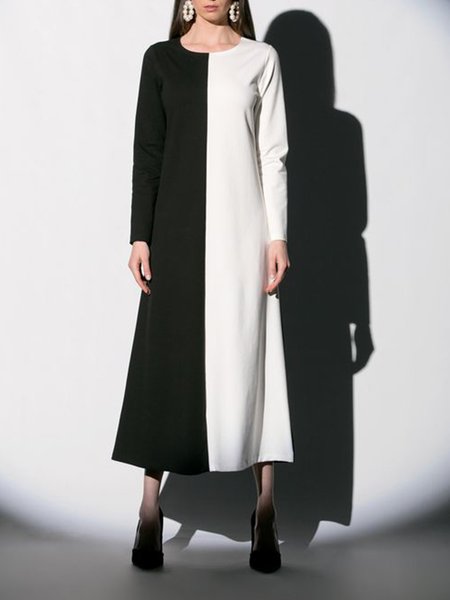 

Crew Neck Long Sleeve Work Dress, Black-white, Maxi Dresses