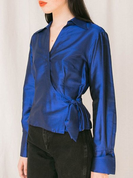 

Long Sleeve V Neck Plain Top, Blue, Blouses and Shirts