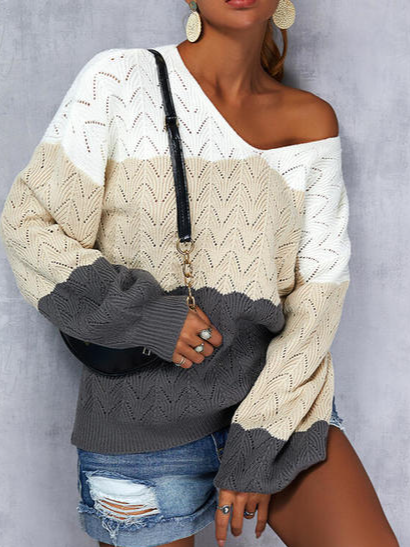 

Casual V Neck Color-Block Long Sleeve Sweater, Multicolor, Sweaters & Cardigans