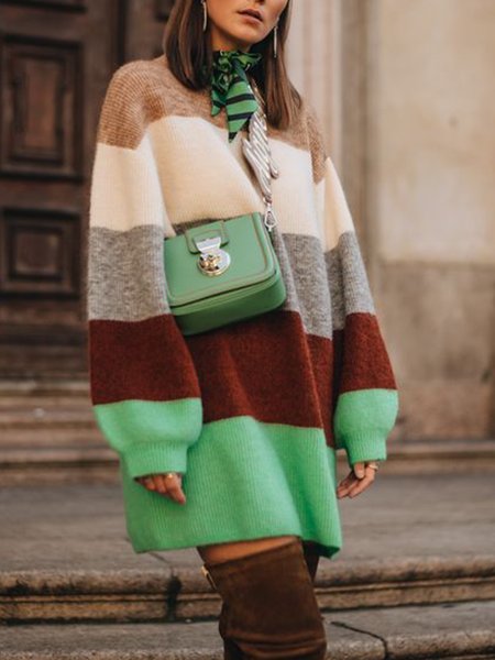 

Long Sleeve Casual Turtleneck Sweater Dress, Multicolor, Pullovers