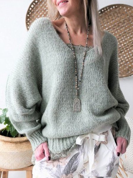 

Casuale Solido Scollo a V Maniche Lunghe Maglione, Verde, Sweater