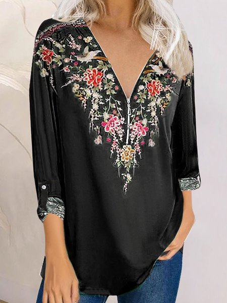 

Vintage Floral Floral-Print V-Neck Long Sleeves Tops, Black, Tops