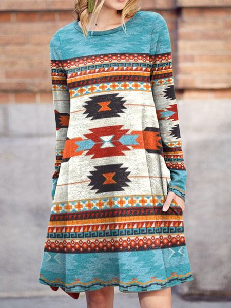 

Cotton-Blend Long Sleeve Graphic Dresses, Blue, Maxi Dresses