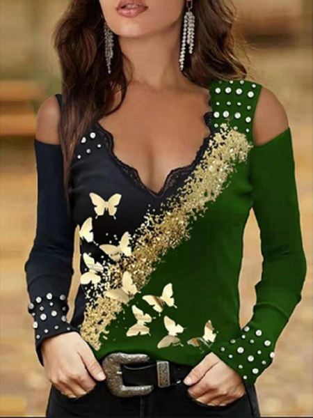 

Long Sleeve Sheath Casual Cotton Tops, Green-1, T-Shirts