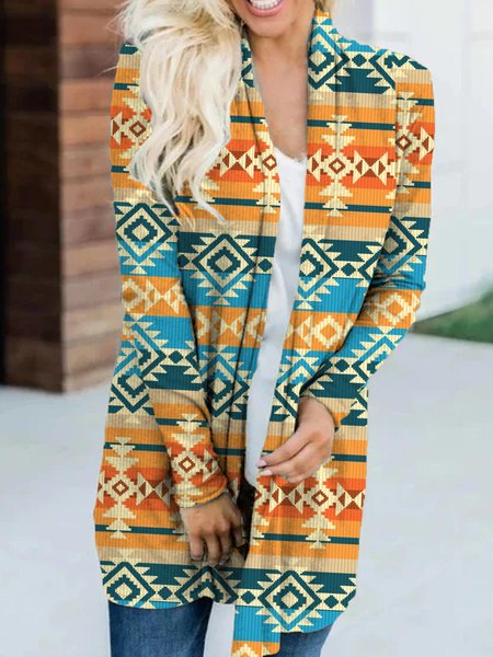 

Printed Vintage Tribal Long Sleeve Outerwear, As picture, Outerwear