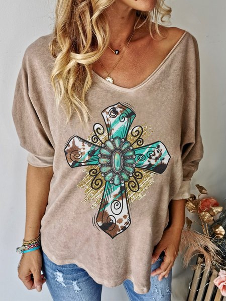 

Tribal Shift Long Sleeve West Styles/Cows Shirts & Tops, Apricot, T-Shirts