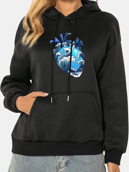 

Casual and simple abstract heart print hooded long-sleeved polyester Sweatshirts, Black, Hoodies