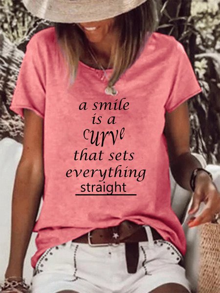 

A Smile Is A Curve Women's Short Sleeve Cotton-Blend Crew Neck T-shirt, Red, T-shirts