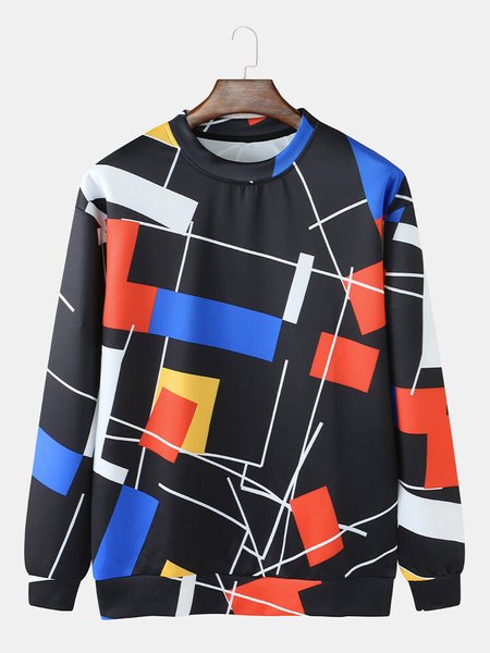Mens Colorblock Print Relaxed Fit Daily Crew Neck Pullover Sweatshirt, Black, Hoodies&Sweatshirts