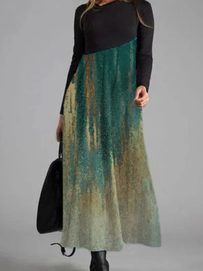 

Color Striped Crew Neck Long Sleeve A-Line Dresses, Black, Tie dye dress