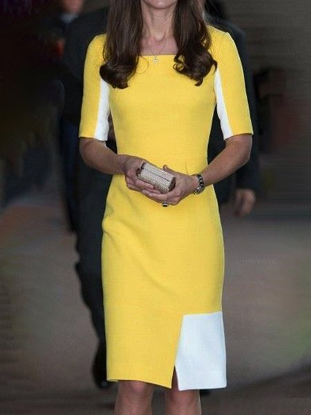 

Short Sleeve Casual Square Neck Dress, Yellow, Midi Dresses