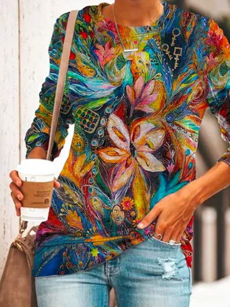 

Floral-Print Crew Neck Shirts & Tops, Multicolor, T-Shirts