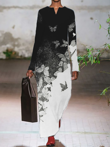 

taglia grande Maniche Lunghe Dolce Farfalla Stampato Abito, Nero, Maxi Dresses