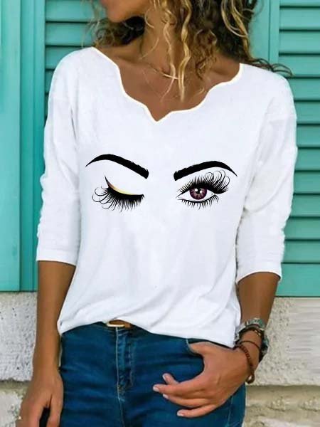 

Maniche Lunghe Scollo a V Stampato Casuale Top, Bianco, Blouses & Shirts