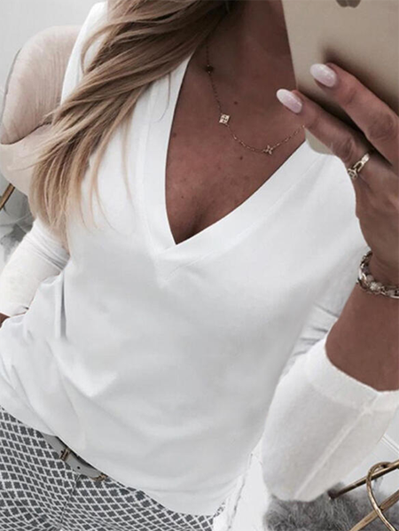 

Solid Long Sleeve V Neck Sexy T-shirt, White, T-Shirts