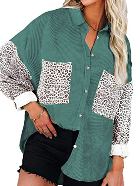 

Long Sleeve Casual Leopard Buttoned Blouse, Green, Shirts & Blouses