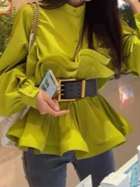 

Lady Swing Stand Collar Solid Long Sleeve Shirt, Yellow, Blouses and Shirts