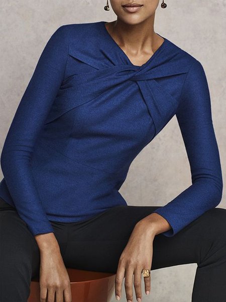 

Crew Neck Plain Long Sleeve Top, Blue, Blouses and Shirts