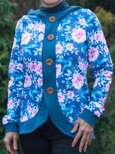 

Vintage Floral Printed Paneled Hoodie Color-Block Buttoned Long Sleeve Plus Size Casual Sweatshirt, Blue, Hoodies & Sweatshirts