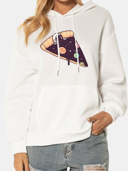 

Casual and simple abstract universe pizza print hooded long-sleeved polyester sweatshirt, White, Hoodies