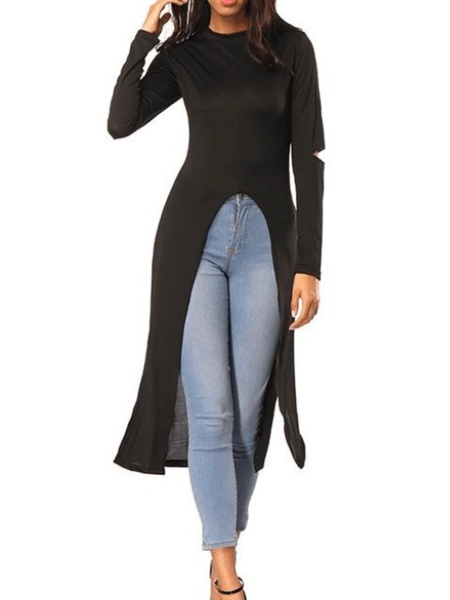 

Fall Slit Long Sleeve Crew Neck Elegant Slit Daily Tops, Black, Blouses and Shirts