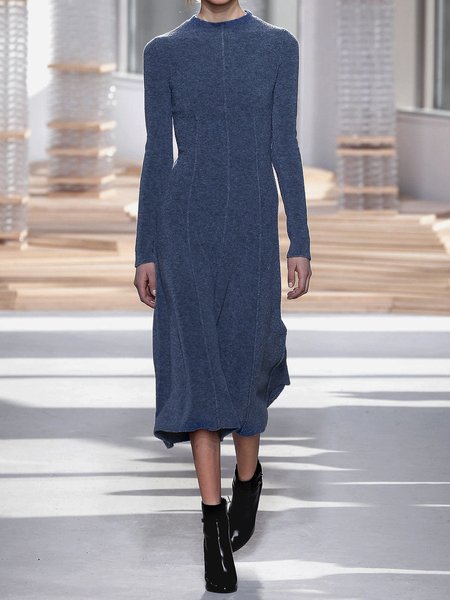 

Girocollo Casuale Maniche Lunghe Tinta unita Abito, Blu, Maxi Dresses
