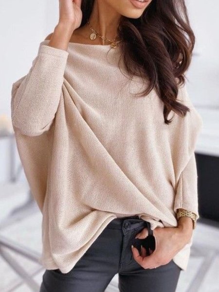 

Girocollo Cotone Maniche Lunghe Tinta unita Maglione, Cachi, Sweater